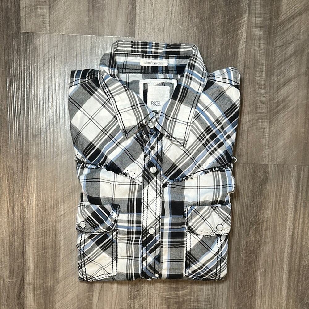 BKE Plaid Slim Fit Stretch Long Sleeve Pearl Snap Button - Large
